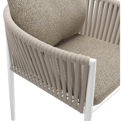 Organo tuinstoel in wit aluminium en beige verticaal geweven luxe vlakke rope met zitkussen in All Weather Cosytica Madagascar Burch