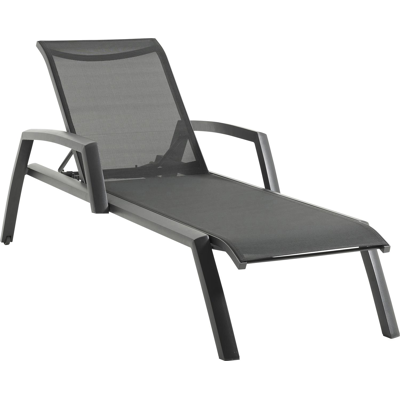 Chaise longue réglable Bari en aluminium noir avec textilène noir avec accoudoir
