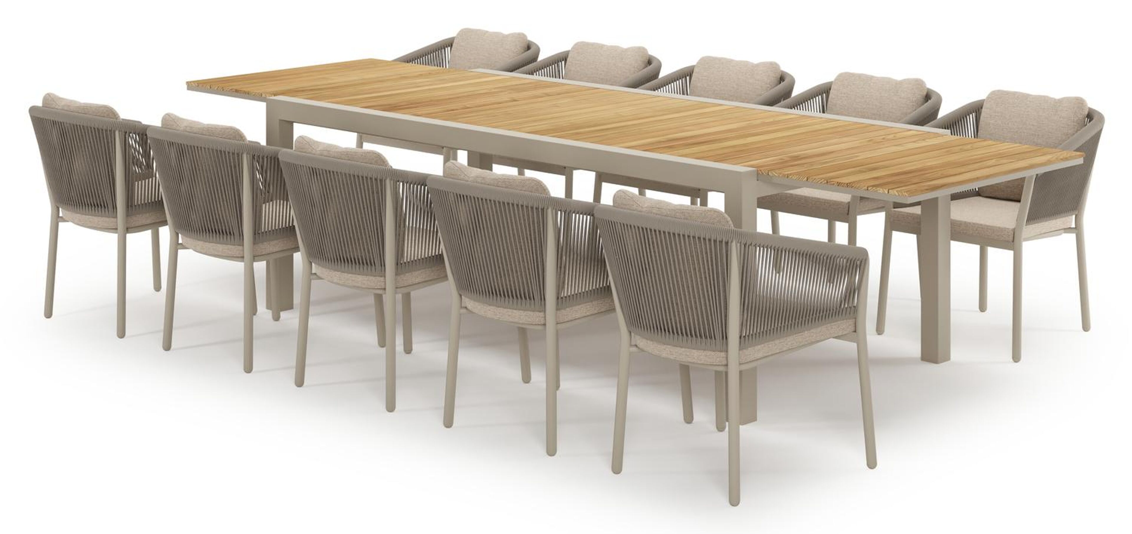 Calobra verlengbare tuinset rechthoekig in beige aluminium en teak met 10 Gerona tuinstoelen