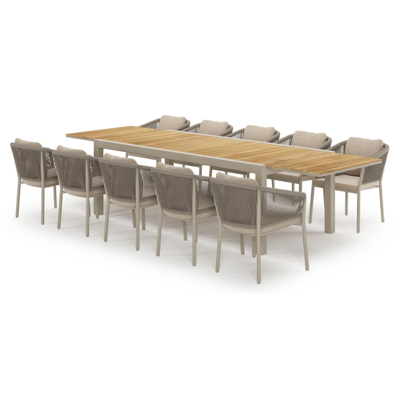 Calobra verlengbare tuinset rechthoekig in beige aluminium en teak met 10 Gerona tuinstoelen