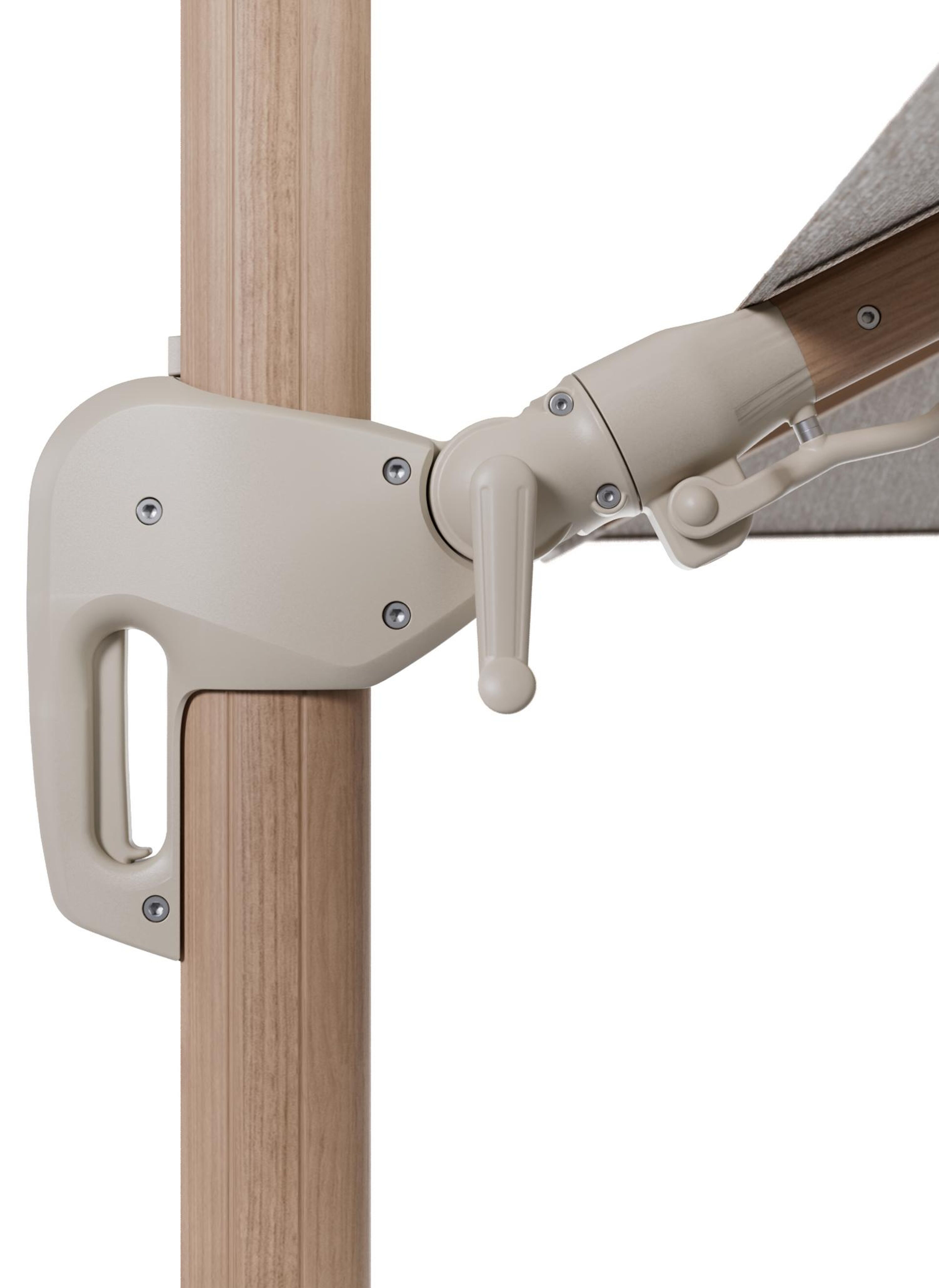 Rufina zweefparasol met tiltfunctie in houtlook aluminium en Tundra Sand All Weather Sunbrella® Luxe parasoldoek - L1 300 x L2 300 cm met parasolvoet Minore 260 kg met wielen