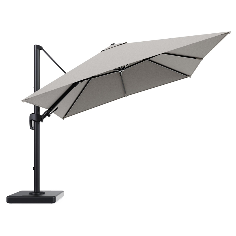 Parasol pendant Rufina avec fonction tilt en aluminium noir et toile de parasol en All Weather Solica Firenze Sand - Lg.1 300 x Lg.2 300 cm avec pied de parasol Lapido 160 kg