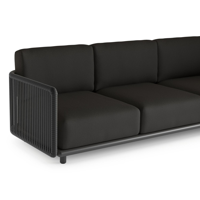 Organo loungehoek in zwart aluminium en zwart verticaal geweven luxe vlakke rope met heritage char all weather Sunbrella® luxe kussen