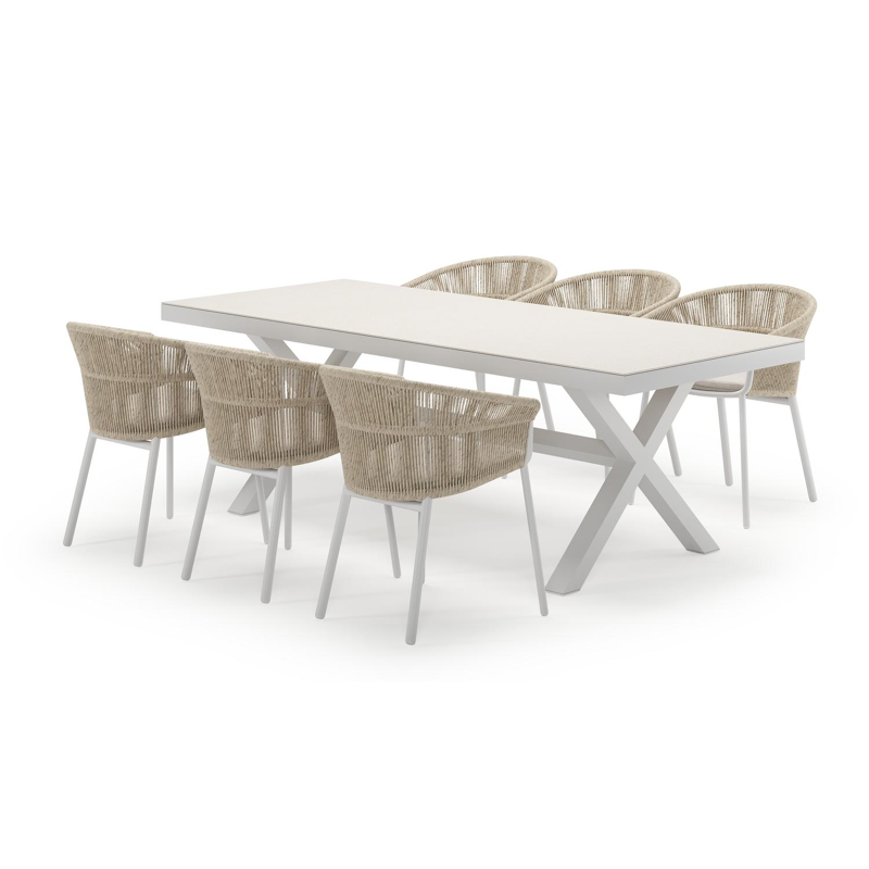 Reza ensemble de jardin rectangulaire en aluminium blanc en sintered stone crema minerale avec 6 chaises de jardin Matera