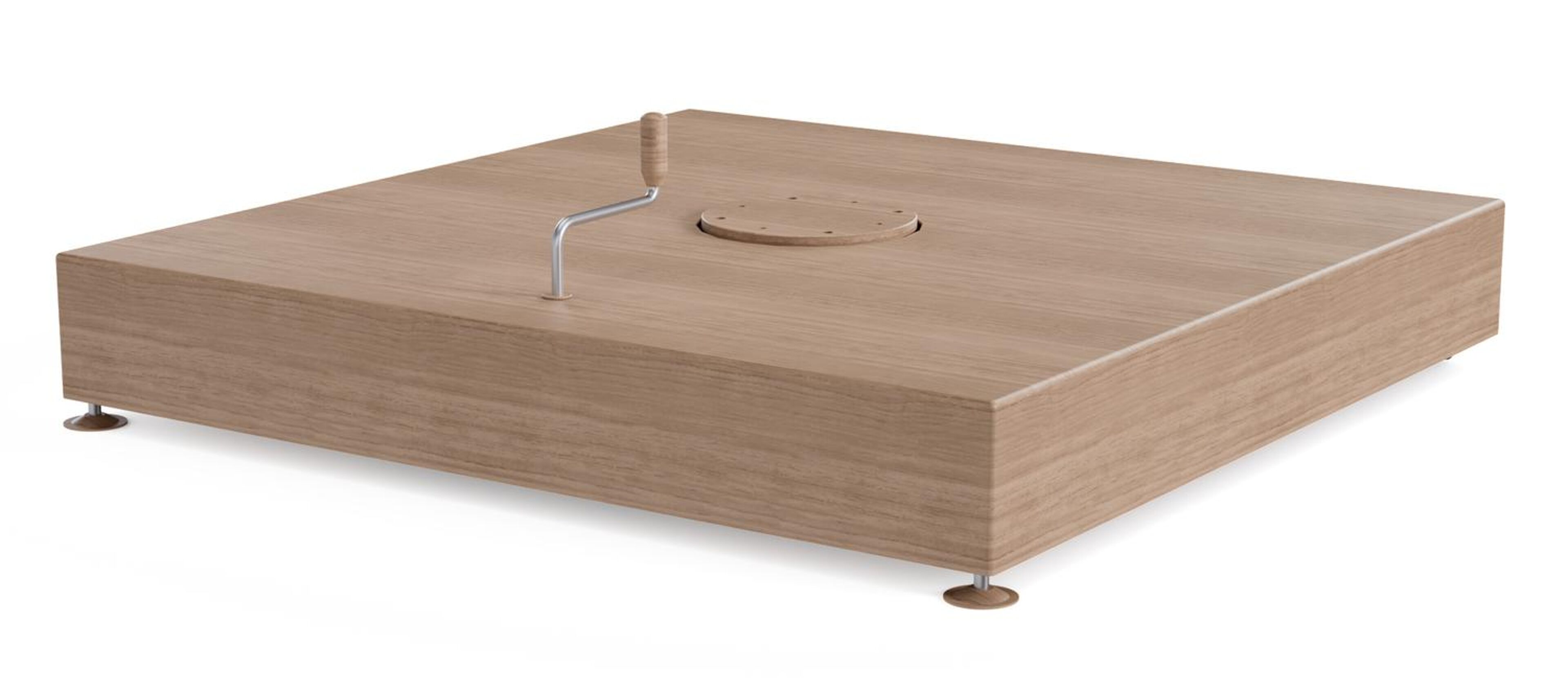 Rufina zweefparasol met tiltfunctie in houtlook aluminium en Tundra Sand All Weather Sunbrella® Luxe parasoldoek - L1 300 x L2 300 cm met parasolvoet Minore 260 kg met wielen