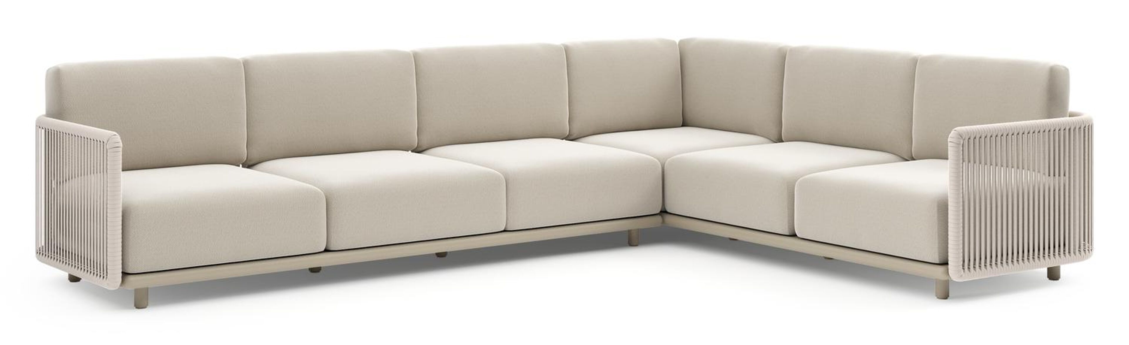 Salon de jardin d'angle Organo en aluminium beige et corde luxe plate tissée verticalement beige et coussin en all weather Sunbrella® luxe lopi marble