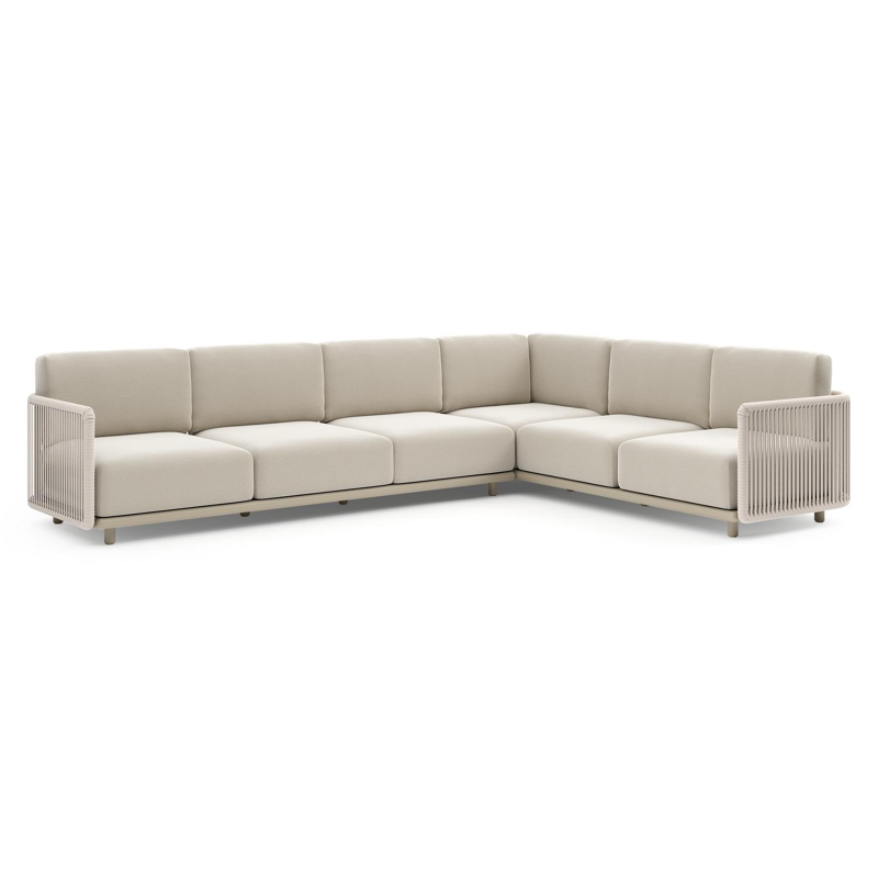 Salon de jardin d'angle Organo en aluminium beige et corde luxe plate tissée verticalement beige et coussin en all weather Sunbrella® luxe lopi marble