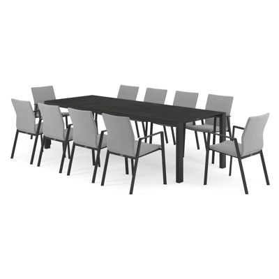 Trente tuinset in zwart aluminium en zwart volkeramiek tafelblad met 10 stapelbare Madura tuinstoelen