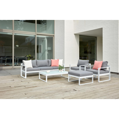 Caldela loungeset in wit aluminium met grijs polyester kussens en loungetafel