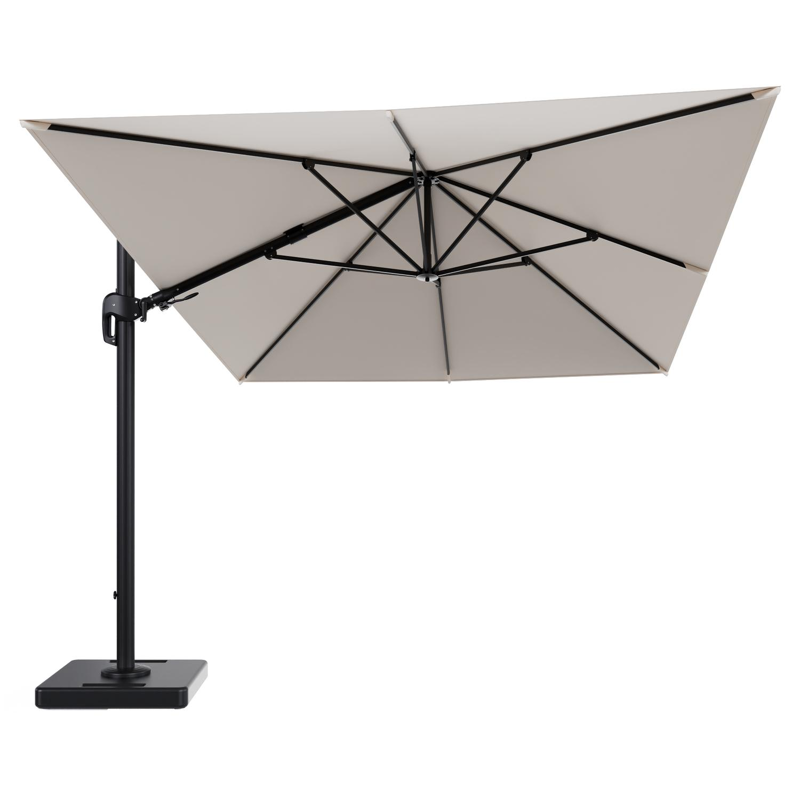 Rufina zweefparasol tiltfunctie in zwart aluminium en parasoldoek in All Weather Sunbrella® Luxe Natte Linen Chalk - L1 400 x L2 300 cm met parasolvoet Lapido 160 kg