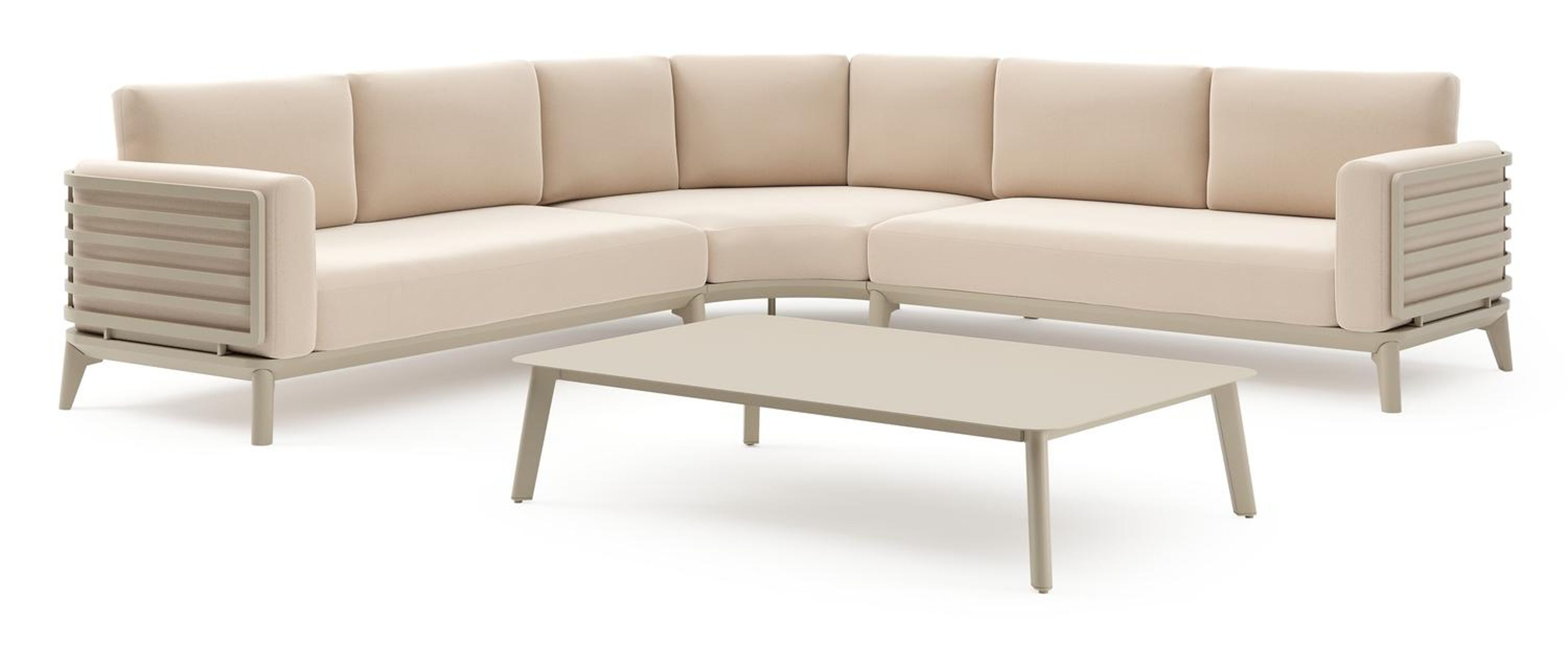 Mosa loungehoek in beige aluminium met natte linen chalk all weather sunbrella® premium kussens en loungetafel
