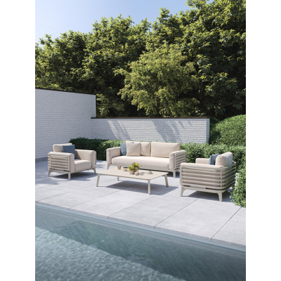 Salon de jardin Mosa en aluminium beige avec coussins en weather+ softtouch rustic