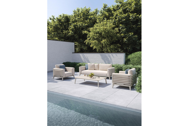Salon de jardin Mosa en aluminium beige avec coussins en weather+ softtouch rustic