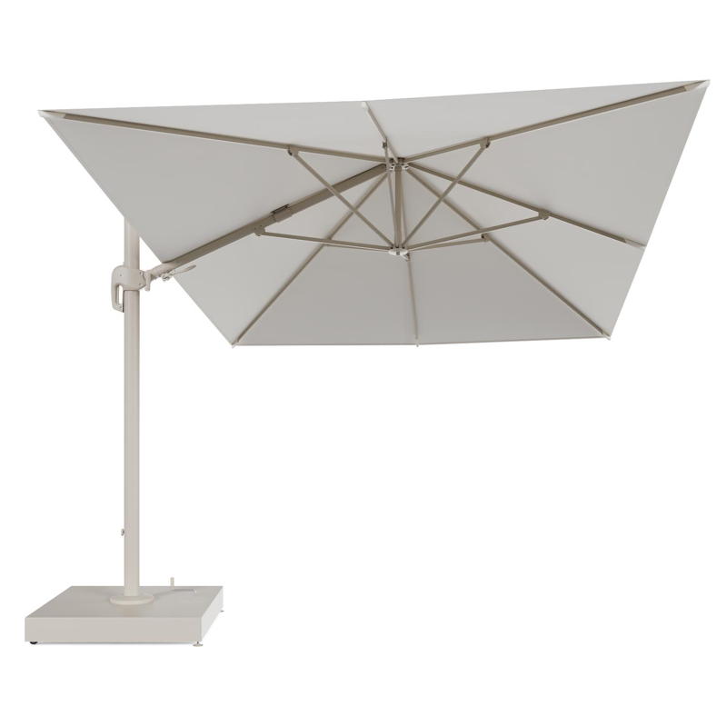 Parasol pendant Rufina avec fonction tilt en aluminium beige et toile de parasol All Weather Sunbrella® Luxe Natte White - Lg.1 400 x Lg.2 300 cm avec pied de parasol Minore 260 kg avec roulettes