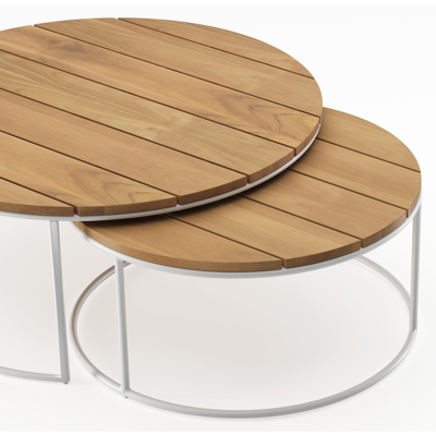 FANO SET VAN 2 ZIJTAFELS WIT DIA .85CM EN 65CM + TEAK TOP BARONE