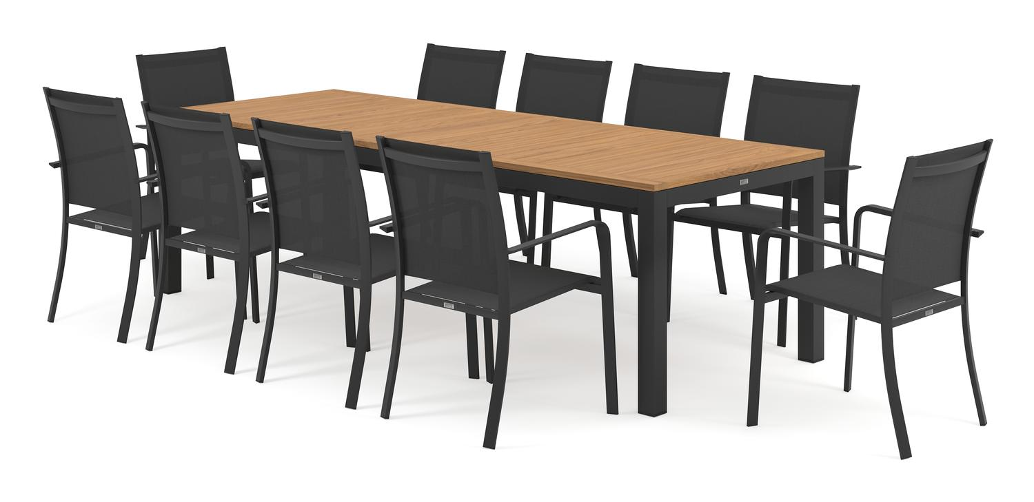 Varese tuinset in zwart aluminium en naturel teak tafelblad met 10 stapelbare Calobra tuinstoelen