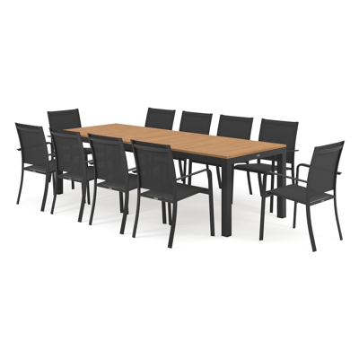 Ensemble de jardin Varese en aluminium noir avec plateau de table en teck naturel et 10 chaises de jardin empilables Calobra