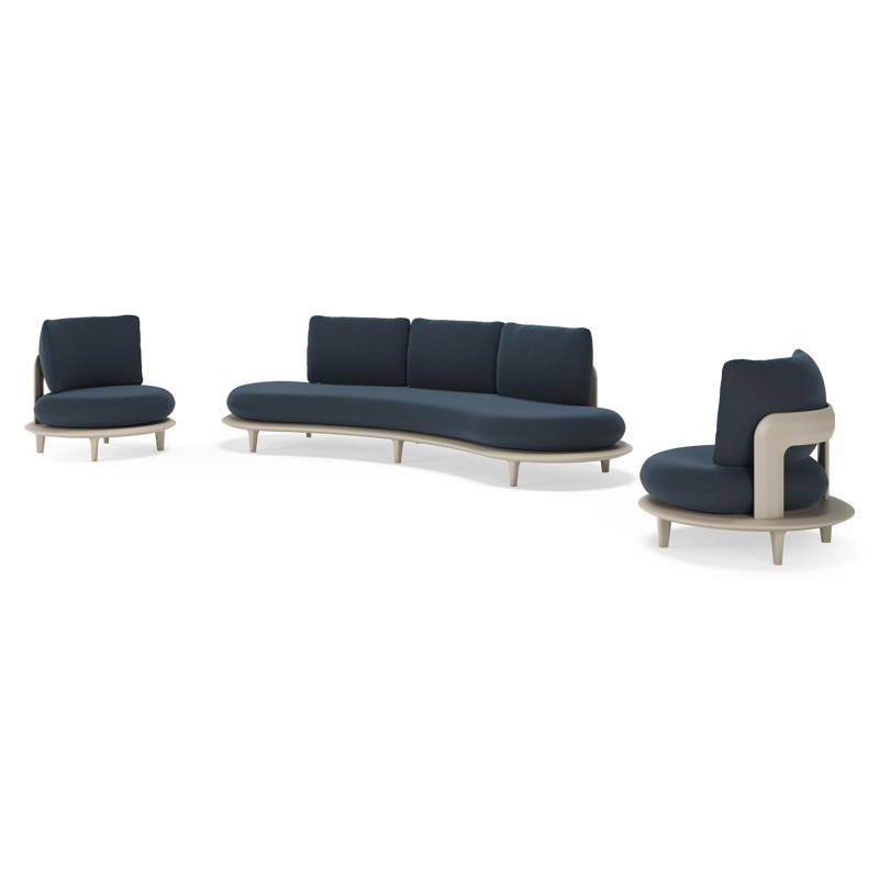 Bomero loungeset in beige aluminium met heritage indigo all weather sunbrella® luxe kussen