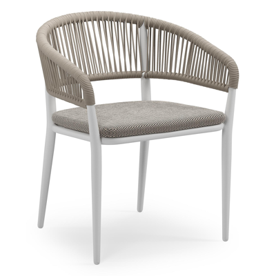Chaise de jardin empilable Tolfa en aluminium blanc et corde ronde tissée verticalement beige avec coussin en All Weather Sunbrella® Luxe Lopi Pepper