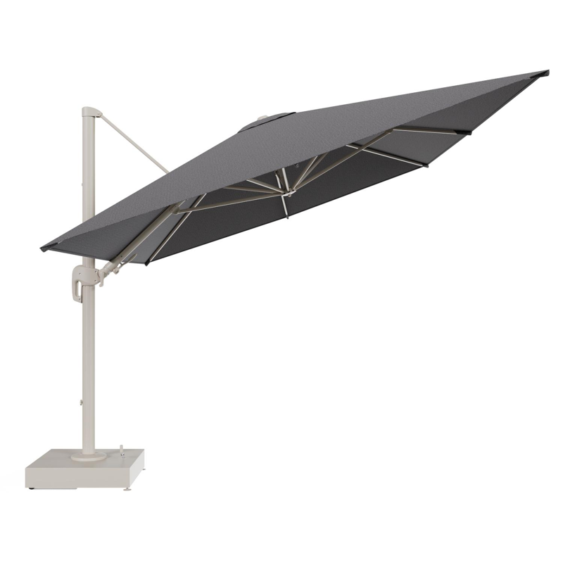 Rufina zweefparasol met tiltfunctie in beige aluminium en Firenze Tunder All Weather Solica parasoldoek - L1 400 x L2 300 cm met parasolvoet Minore 150 kg met wielen