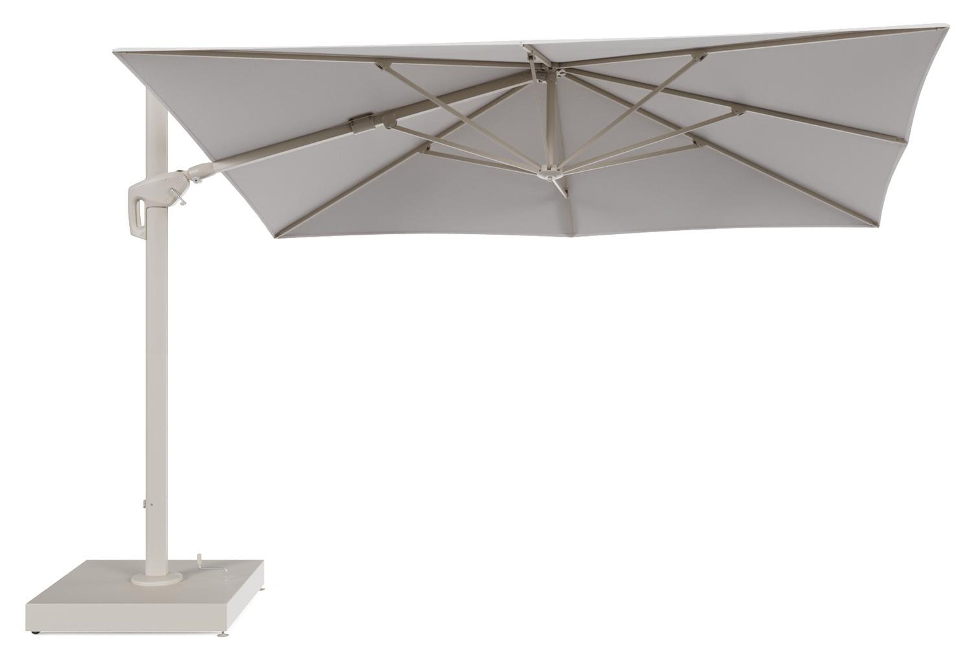Minore zweefparasol met tiltfunctie in beige aluminium en Ego Eggshell All Weather Solica parasoldoek - L1 280 x L2 370 cm met parasolvoet Minore 260 kg met wielen