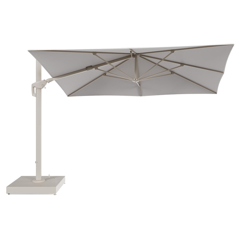 Minore zweefparasol met tiltfunctie in beige aluminium en Ego Eggshell All Weather Solica parasoldoek - L1 280 x L2 370 cm met parasolvoet Minore 260 kg met wielen