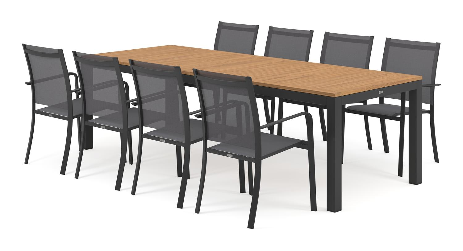 Varese tuinset in zwart aluminium en naturel teak tafelblad met 8 stapelbare Calobra tuinstoelen