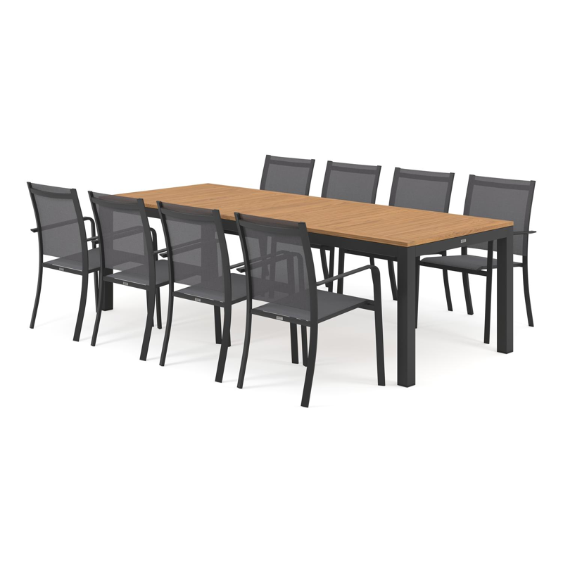 Varese tuinset in zwart aluminium en naturel teak tafelblad met 8 stapelbare Calobra tuinstoelen