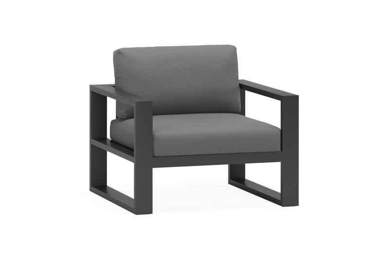 Verato loungestoel 1-zit in zwart aluminium met natte charcoal chine all weather sunbrella® luxe kussen