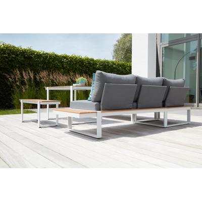 Merida loungehoek in wit aluminium en polywood met grijs polyester kussen en loungetafel