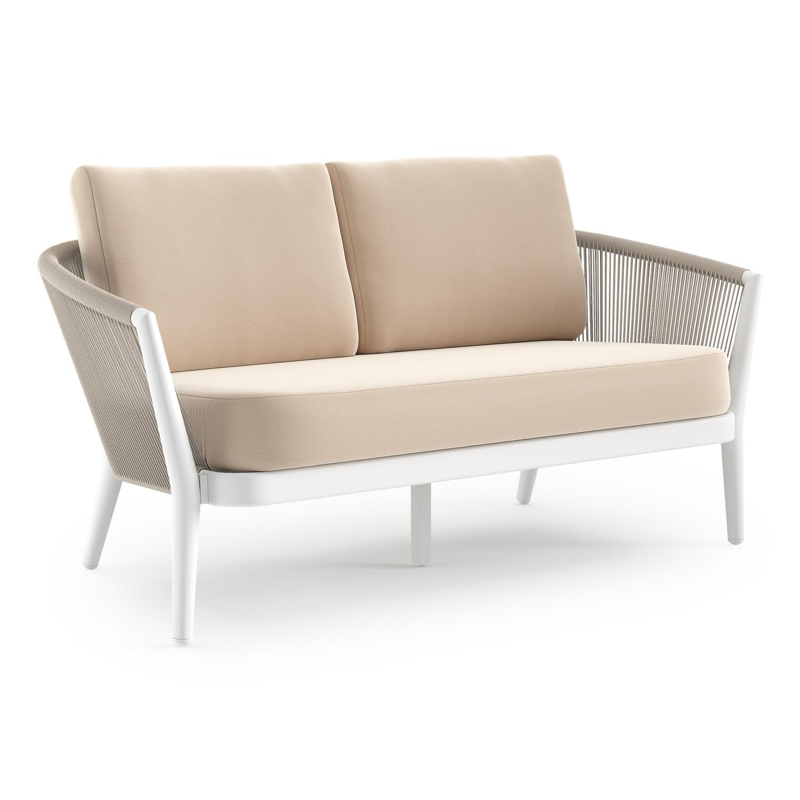 Orso loungebank in wit aluminium en beige verticaal geweven ronde rope met Natte Linen Chalk all weather sunbrella® luxe kussen