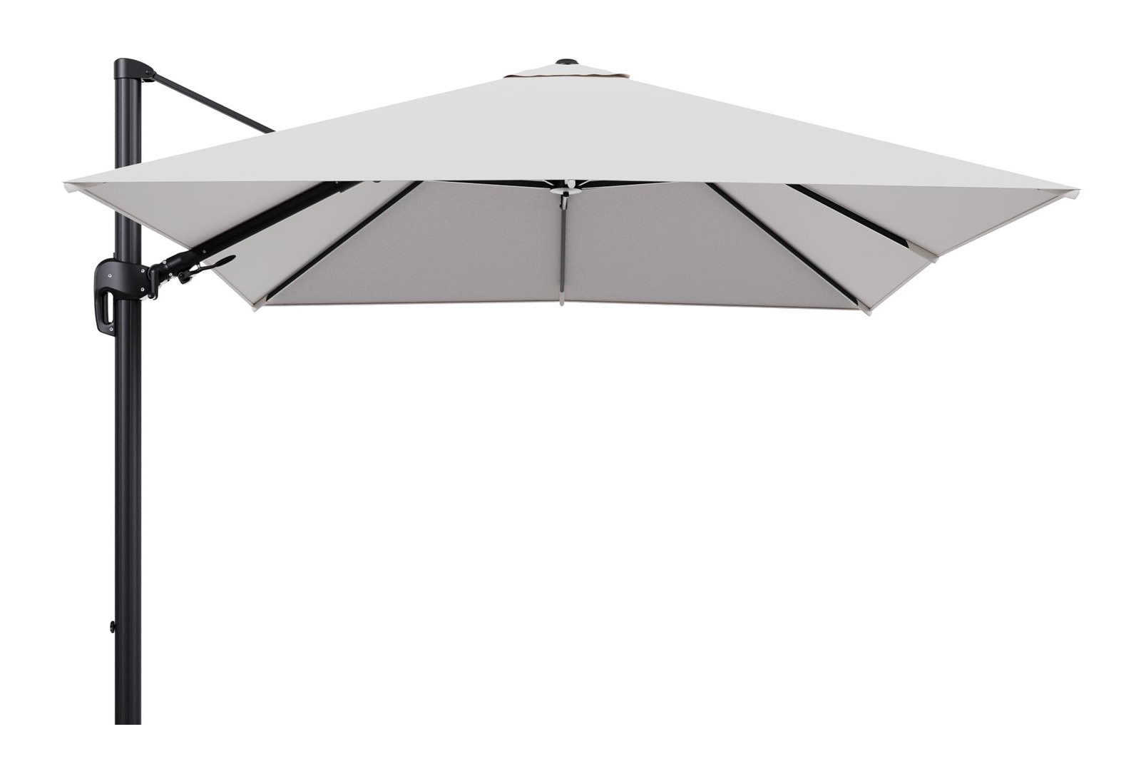 Parasol pendant Rufina avec fonction tilt en aluminium noir et toile de parasol en All Weather Solica Ego Eggshell  - Lg.1 300 x Lg.2 300 cm (sans pied de parasol