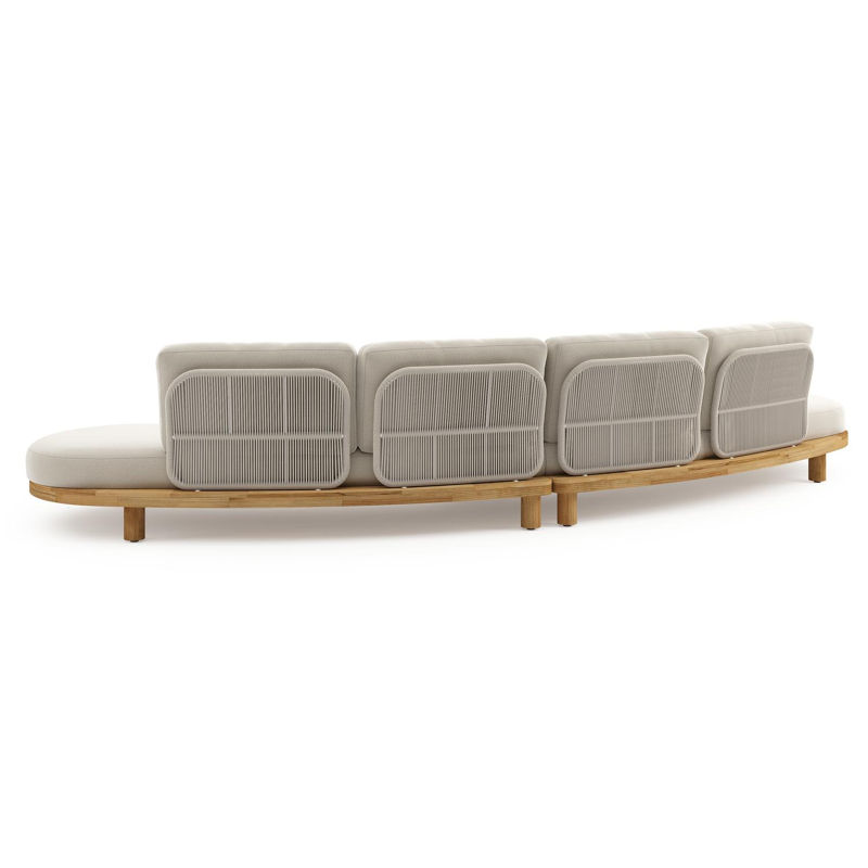Donato loungebank in teak en beige verticaal geweven ronde rope met all weather sunbrella® luxe Lopi Marble kussen