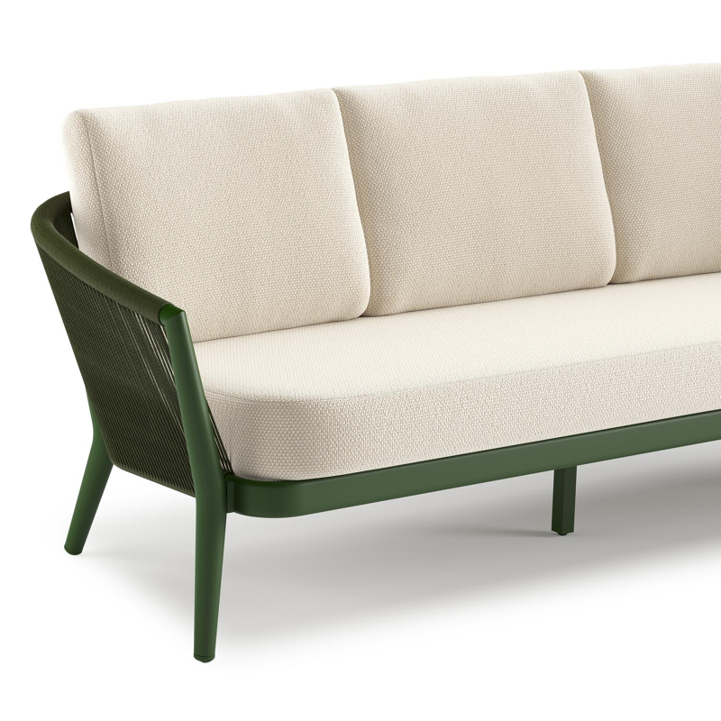 Orso loungeset in groen aluminium en groen verticaal geweven ronde rope met Althea Off White all weather cosytica kussen