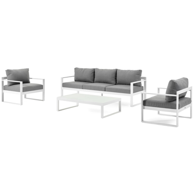 Caldela loungeset in wit aluminium met grijs polyester kussens en loungetafel