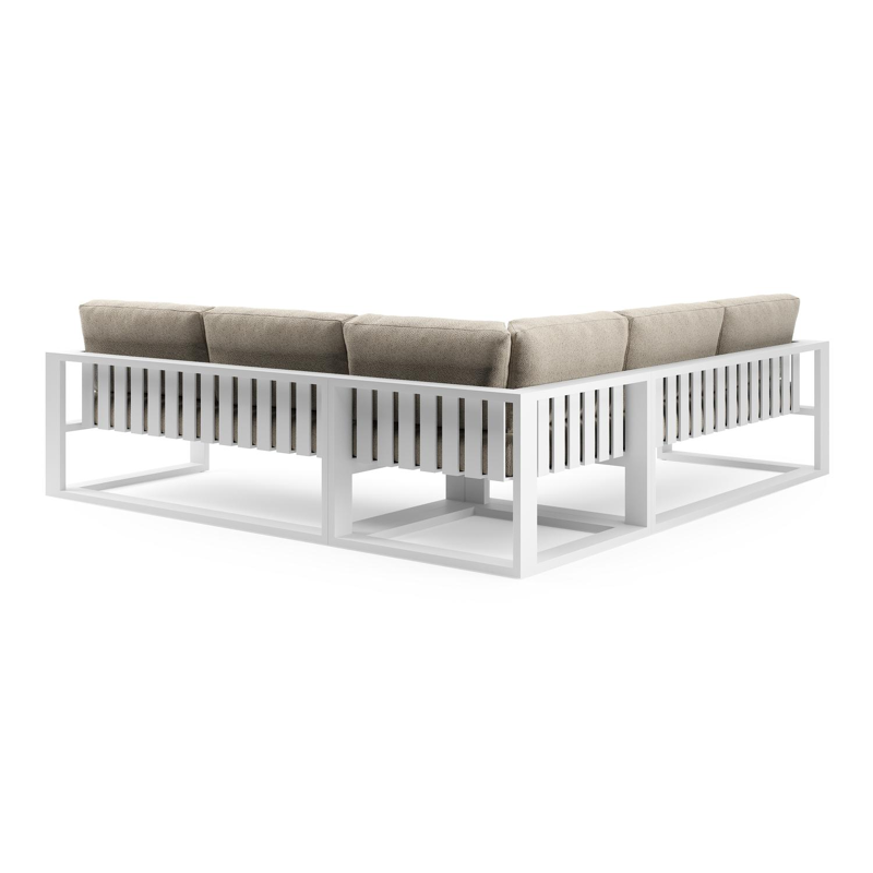 Verato loungehoek in wit aluminium met bora desert all weather cosytica kussen