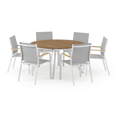 Ensemble de jardin Viaro en aluminium blanc avec plateau de table en teck naturel et 6 chaises de jardin empilables Amalfi