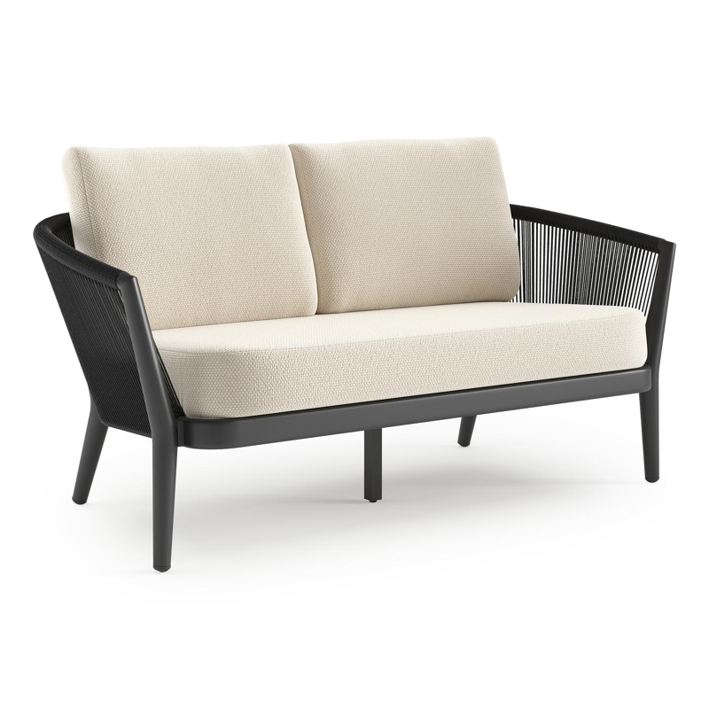 Orso loungebank in zwart aluminium en zwart verticaal geweven ronde rope met Althea Off White all weather cosytica kussen