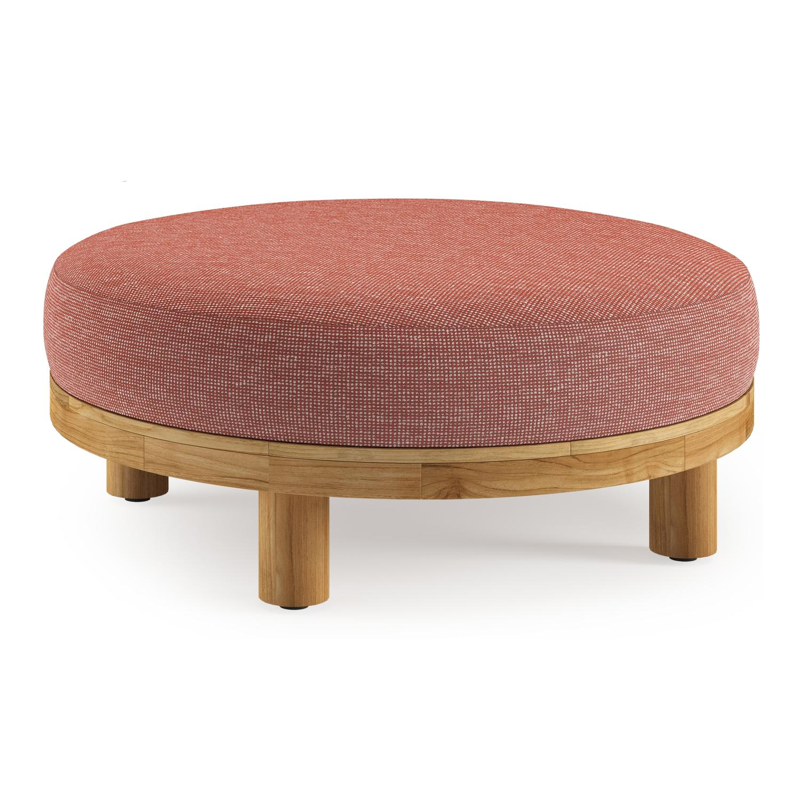 Salon de jardin pouf Donato en teck et corde ronde tissée verticalement beige et coussins en all weather sunbrella® luxe Slow Alezan