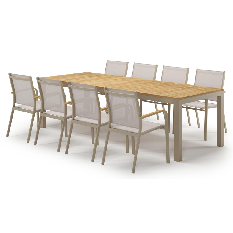 Ensemble de jardin Varese en aluminium beige et teck avec 8 chaises de jardin Amalfi