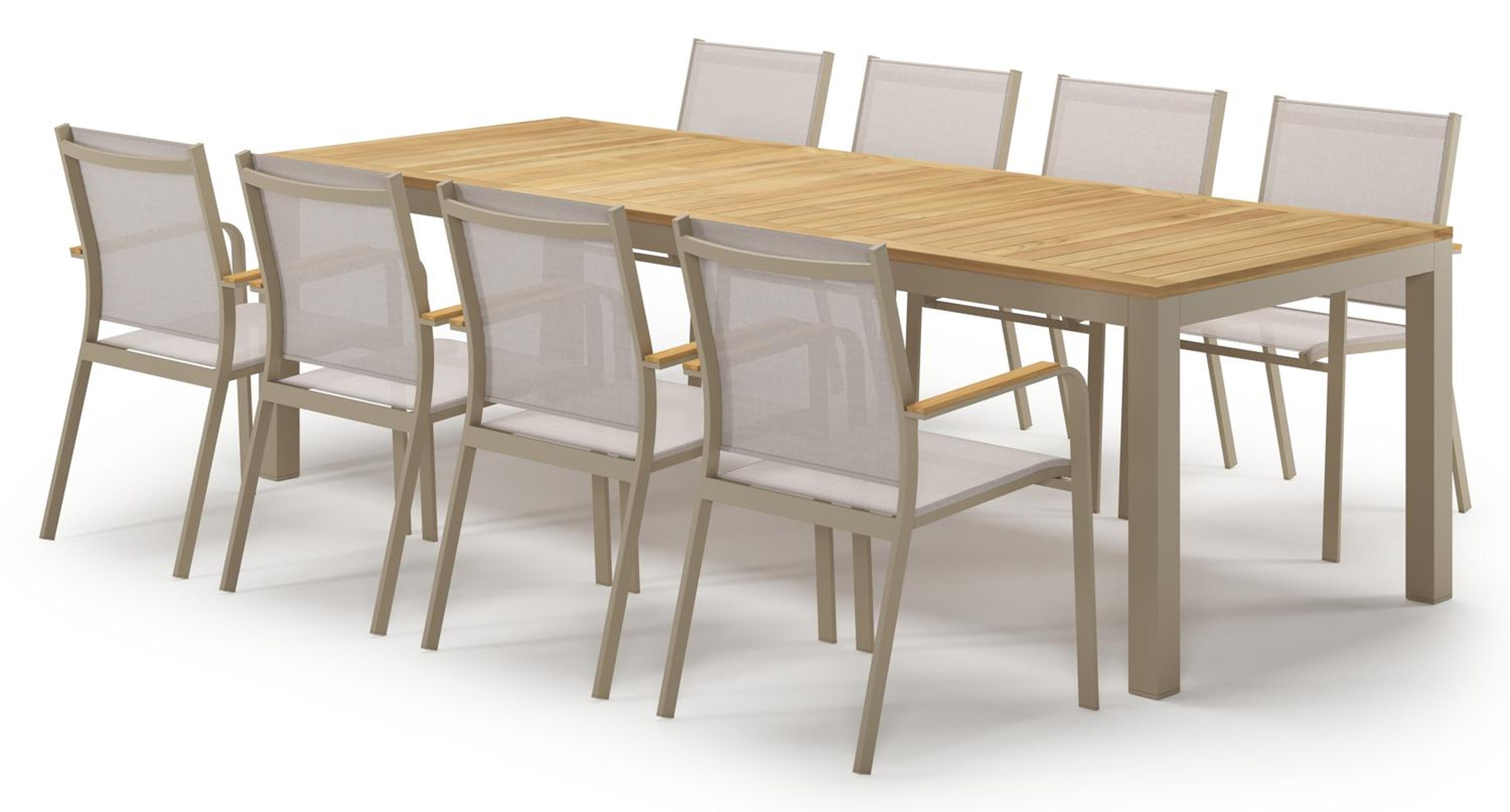 Ensemble de jardin Varese en aluminium beige et teck avec 8 chaises de jardin Amalfi