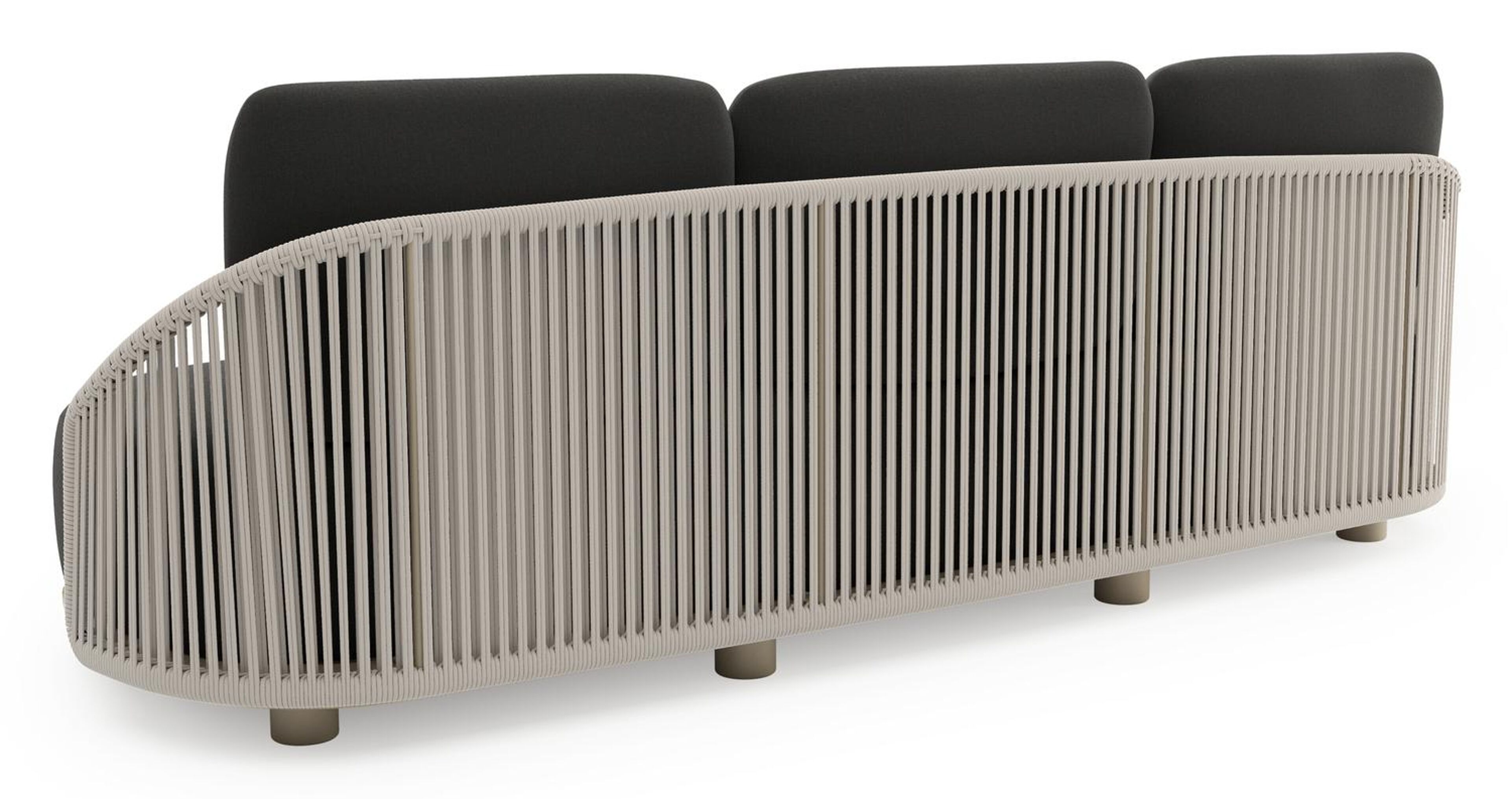 Vadelo loungebank in beige aluminium en beige verticaal geweven ronde rope met natte sooty all weather sunbrella® luxe kussen