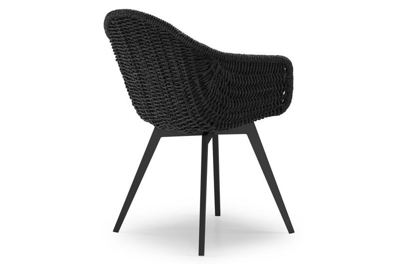 Pagino tuinstoel in zwart aluminium en zwart ronde wicker met kussen in chartres sooty all weather sunbrella® luxe