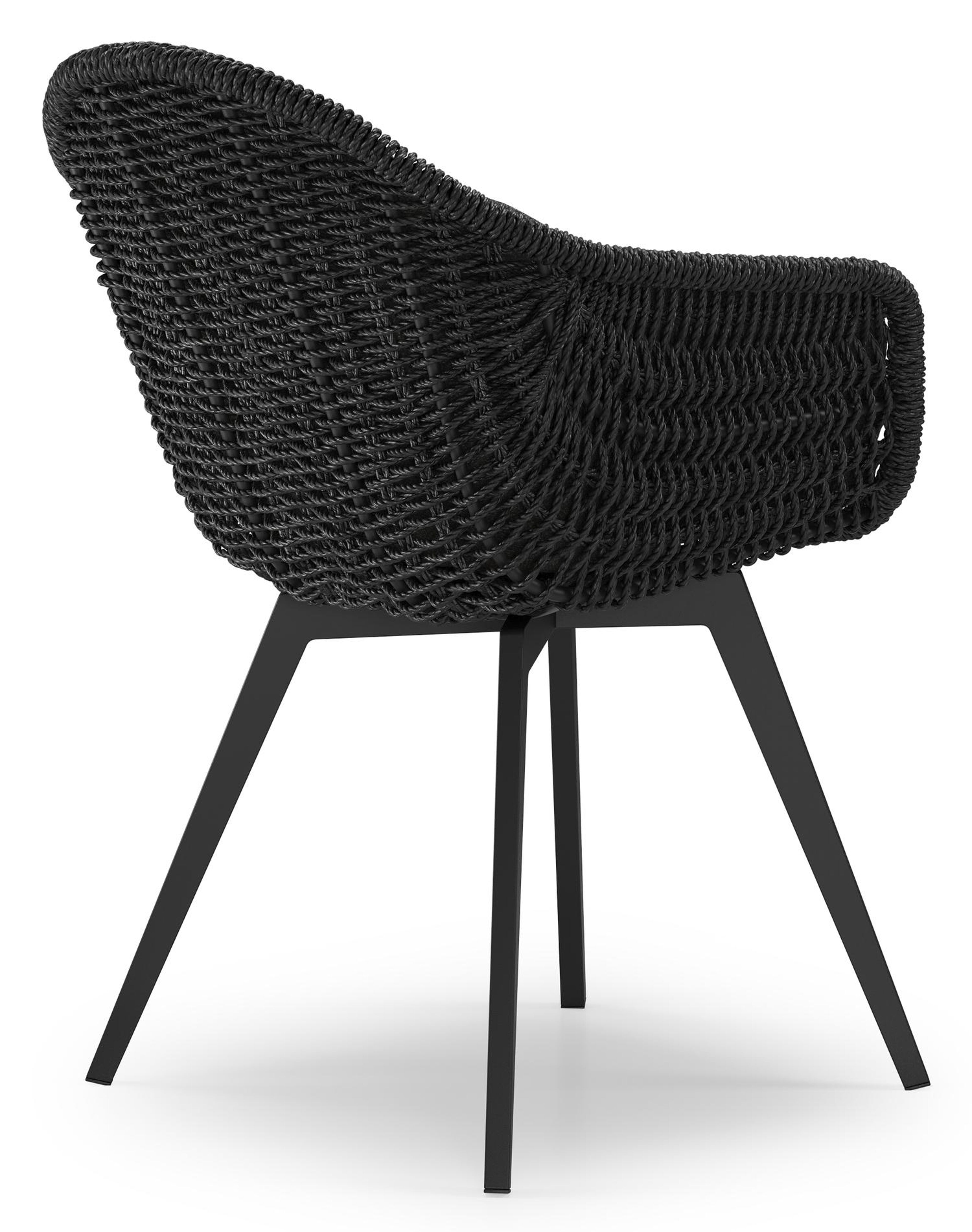 Pagino tuinstoel in zwart aluminium en zwart ronde wicker met kussen in chartres sooty all weather sunbrella® luxe