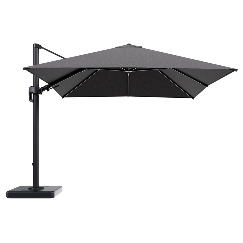 Parasol pendant Rufina avec fonction tilt en aluminium noir et toile de parasol en All Weather Solica Firenze Tunder - Lg.1 300 x Lg.2 300 cm avec pied de parasol Lapido 160 kg
