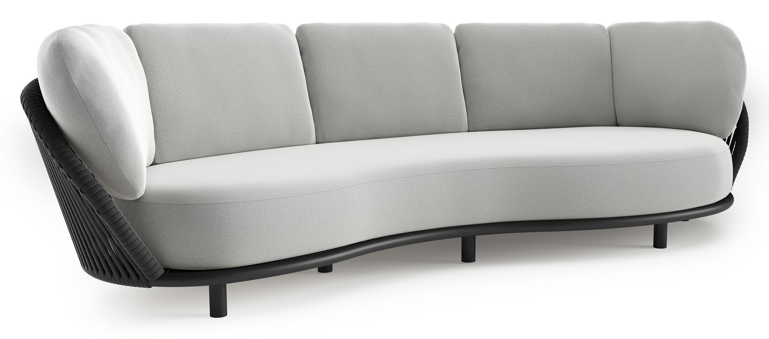 Lupino loungebank in zwart aluminium en zwart verticaal geweven luxe vlakke brede rope met natte grey chine all weather sunbrella® luxe kussen