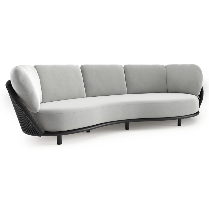 Canapé de jardin Lupino en aluminium noir et corde large plate de luxe tissée verticalement noir et coussins en all weather sunbrella® luxe natte grey chine