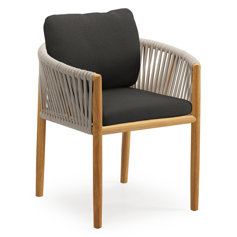 Organo tuinstoel in teak en beige verticaal geweven luxe vlakke rope met zitkussen in All Weather Sunbrella® Luxe Heritage Char