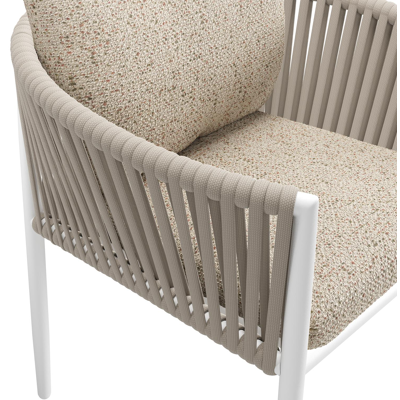 Organo tuinstoel in wit aluminium en beige verticaal geweven luxe vlakke rope met zitkussen in All Weather Cosytica Bora Jungle