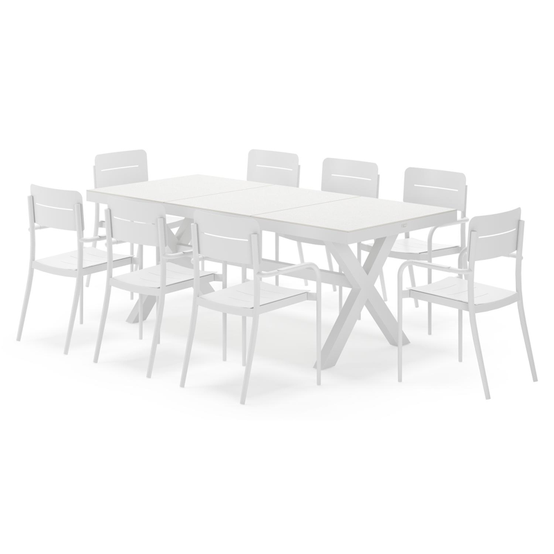 Bahia tuinset rechthoekig in wit aluminium en sintered stone grijs met 8 Salto tuinstoelen